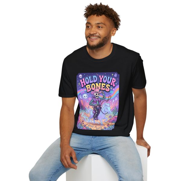 7490418501821388290_2048.jpeg Hold Your Bones T-Shirt — Colorful Skeleton Cowboy Graphic Tee