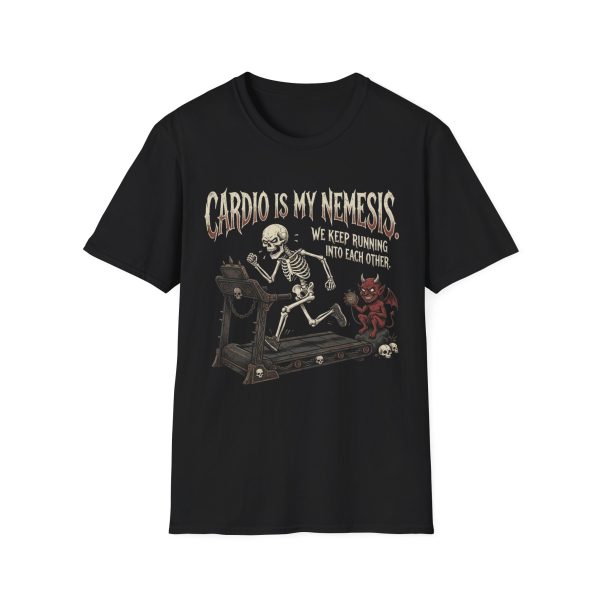 Cardio Is My Nemesis T-Shirt — Skeleton Running on Treadmill Funny Gym Tee