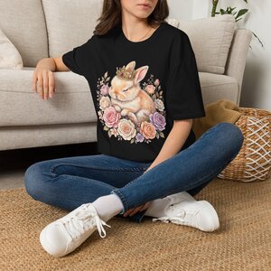 11638405407233773571_2048.jpeg Cute Floral Bunny T-Shirt — Sleeping Bunny with Crown Floral Tee